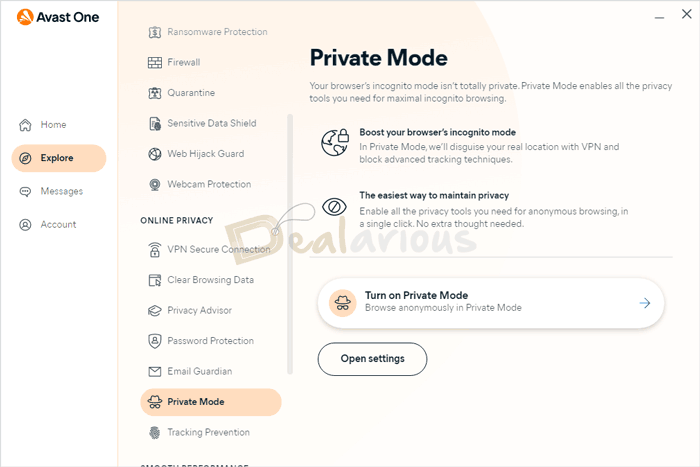 Avast One Private Mode Settings