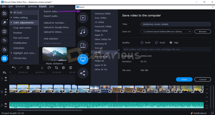 Export with Movavi Video Editor