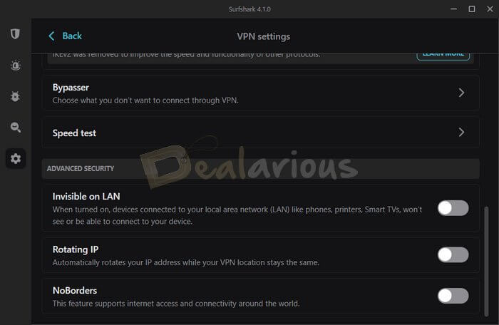 Advanced VPN settings in Surfshark