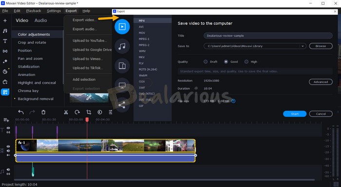 Exporting video files in Movavi Video Editor