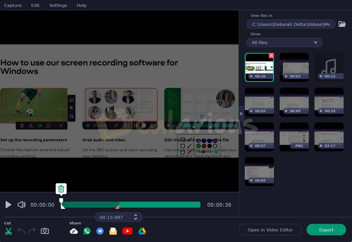 Editing and sharing options in Movavi Screen Recorder