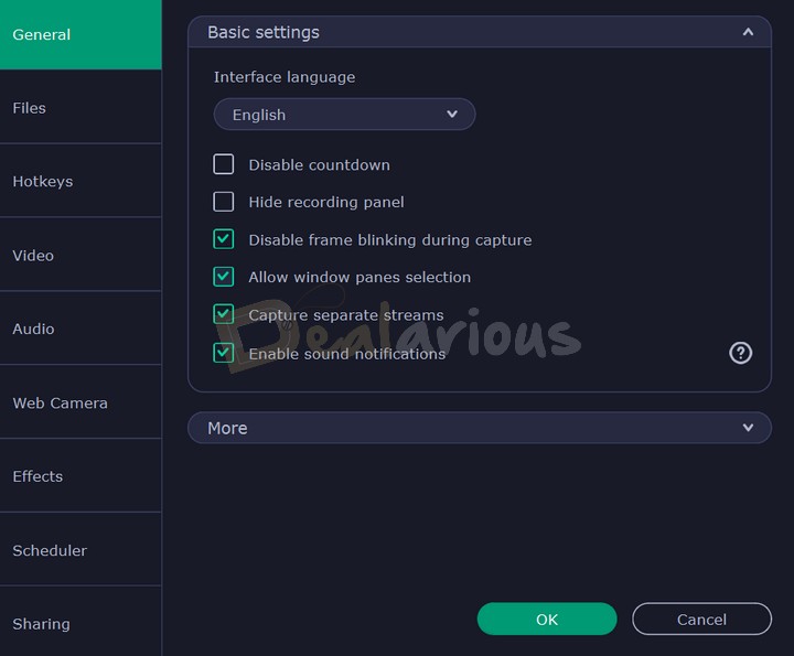 General settings in Movavi Screen Recorder
