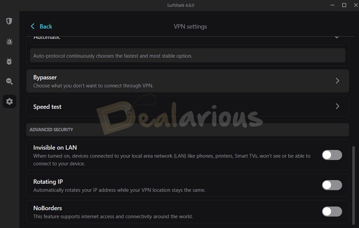 Advanced VPN settings in Surfshark