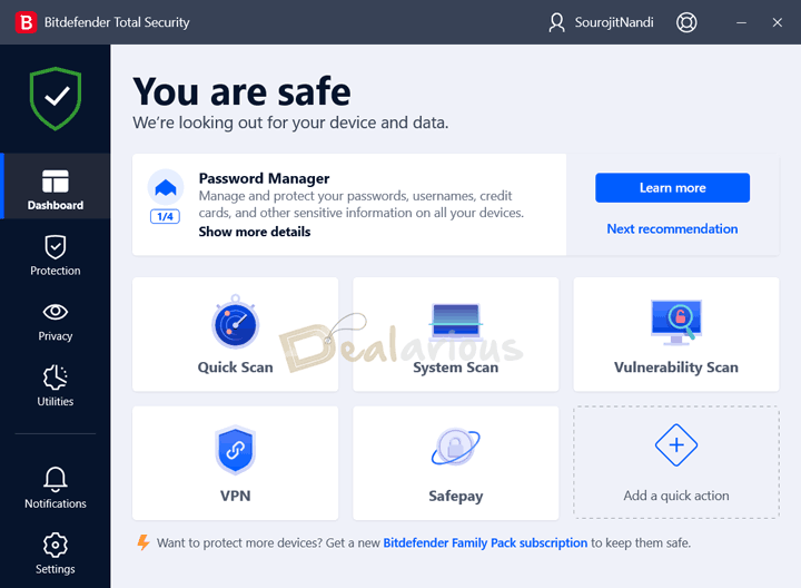 Bitdefender Total Security latest version Homescreen