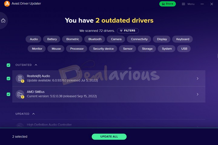Driver categories in Avast Driver Updater