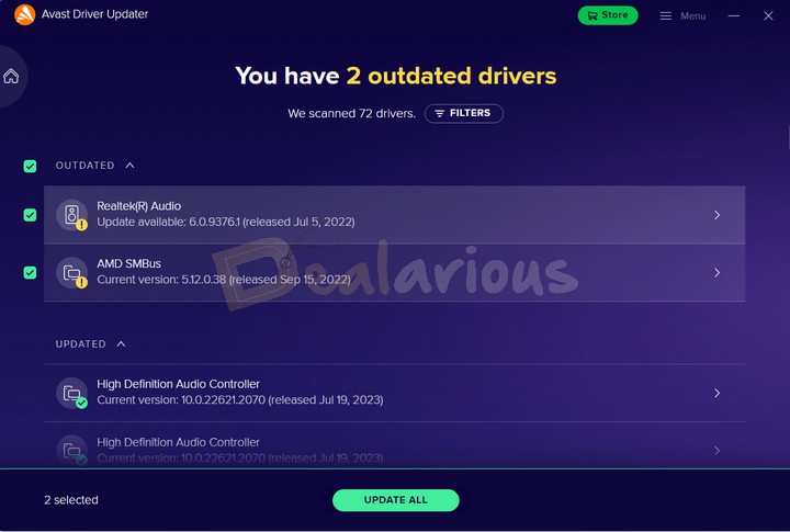 Avast displaying a list of outdated drivers