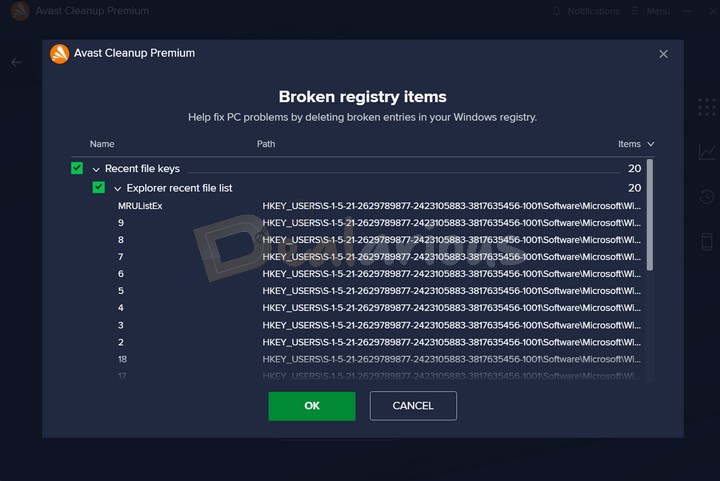 Windows Registry Cleaning in Avast Cleanup