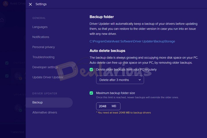 Backup and Restore settings in Avast Driver Updater