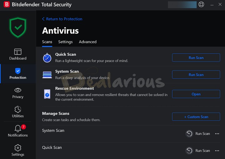 Antivirus module in Bitdefender