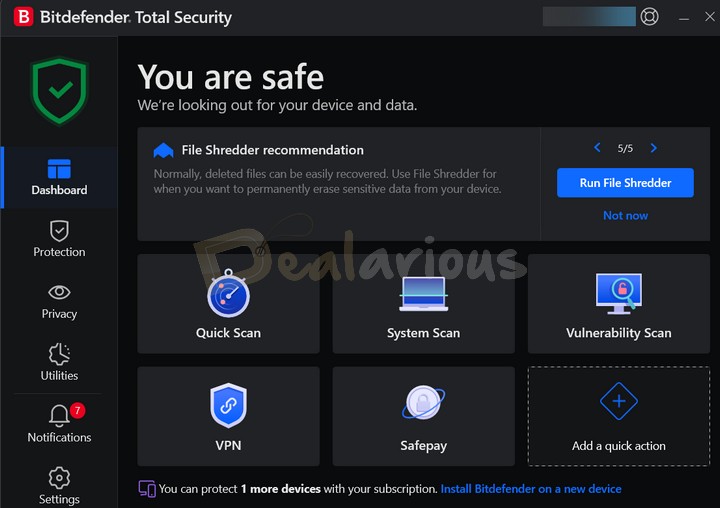 Bitdefender Total Security latest version Homescreen