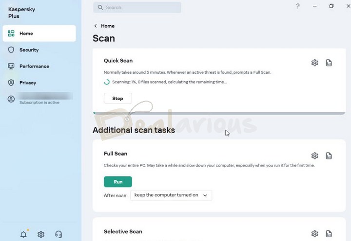 Running a Quick Scan in Kaspersky Plus