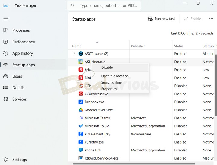 Disabling Startup apps from Task Manager