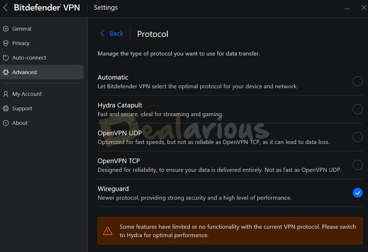 Protocols supported by Bitdefender VPN