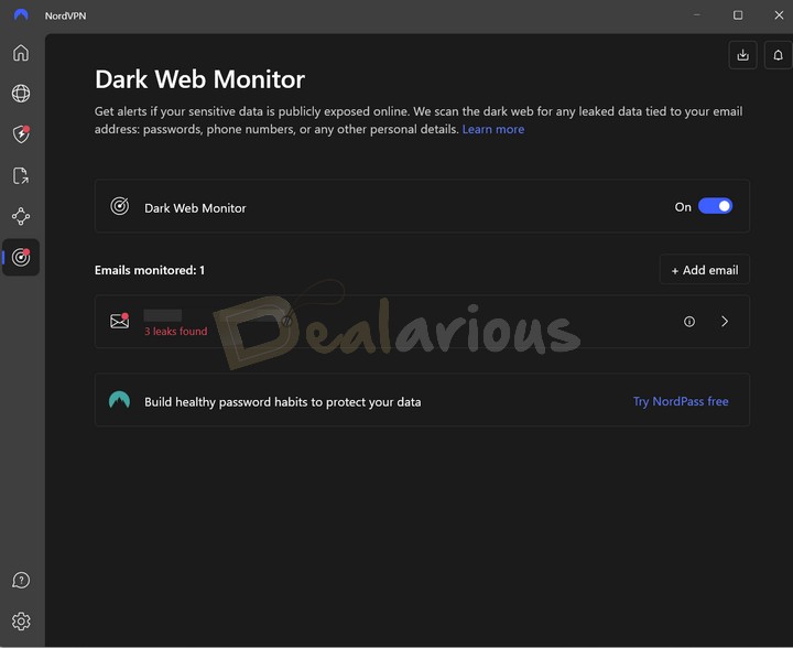 NordVPN's Dark Web Monitoring feature