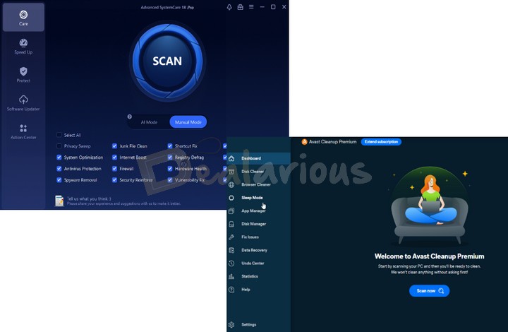 Interface difference between Avast Cleanup Premium and Advanced Systemcare Pro