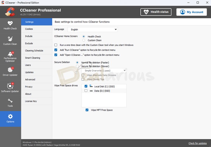 Settings in CCleaner 6