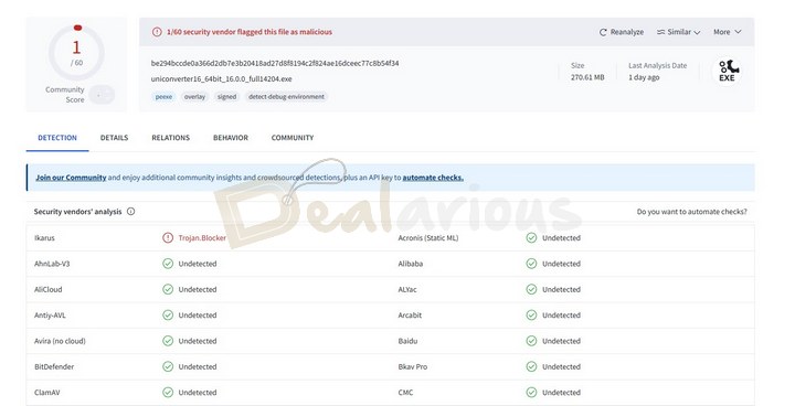 VirusTotal Analysis of Wondershare UniConverter 16