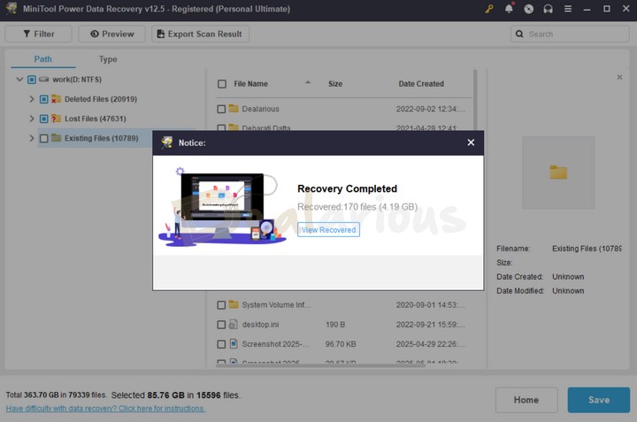 Recovered files using MiniTool Power Data Recovery