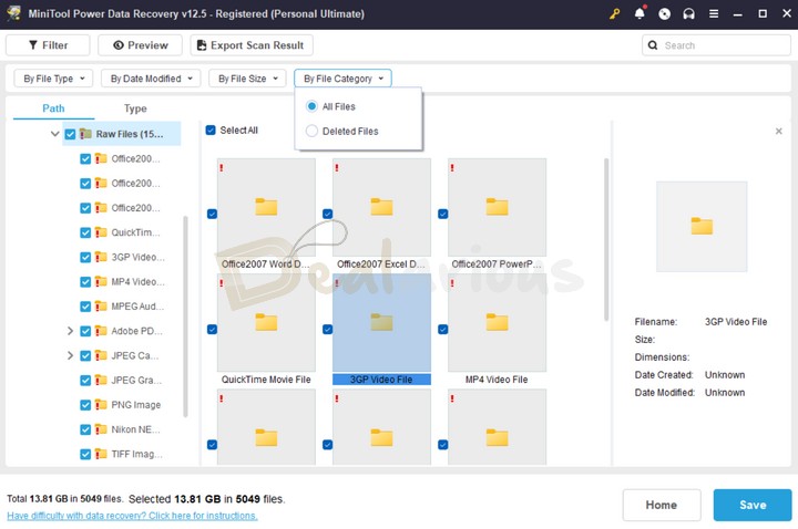 Filter Recovered Files by Type, Date, Size, Category