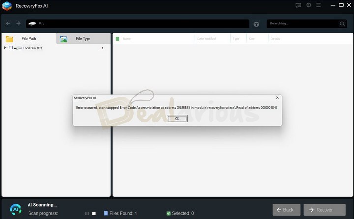 AI Scan Error on USB Drive in RecoveryFox AI
