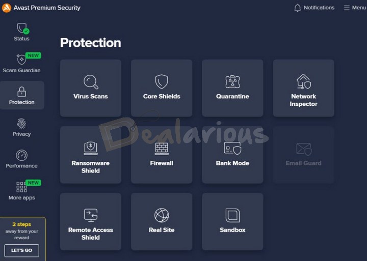 Avast Premium Security Interface with Protection Features