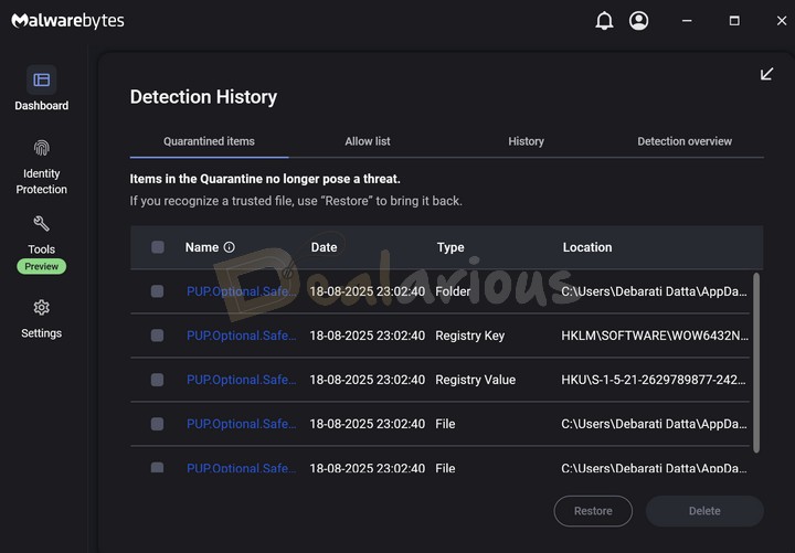 Malwarebytes detecting Malware and PUP in real-time