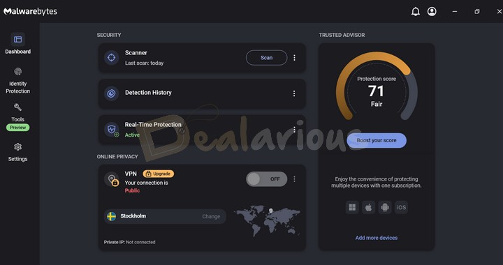 Malwarebytes Premium Security v5 homescreen