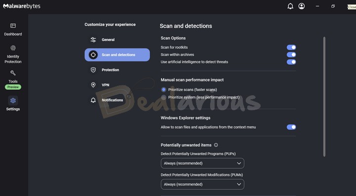 Malwarebytes Settings to Scan and detect threats