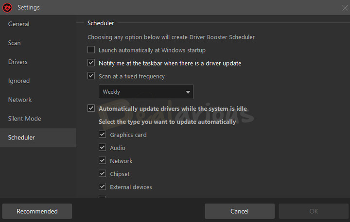Driver Booster Settings screen shwoing the option to automatically download and install drivers while the system is idle