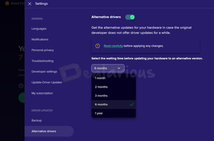 Avast Driver Updater showing Alternative Drivers option to switch to other compatible versions