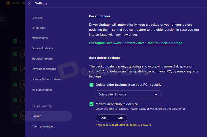 Avast Driver Updater Backup Settings