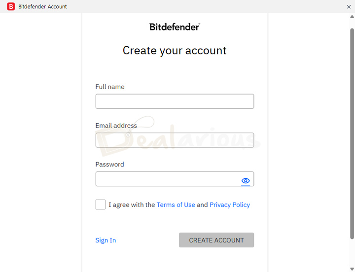 Bitdefender Central account login screen showing create account and sign in options required for activation.