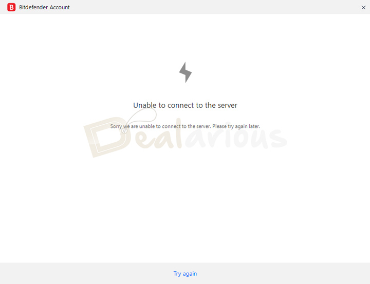 Bitdefender account error message showing unable to connect to the server with a try again option.