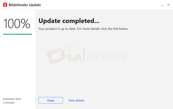 Bitdefender update window showing update completed message after installation.