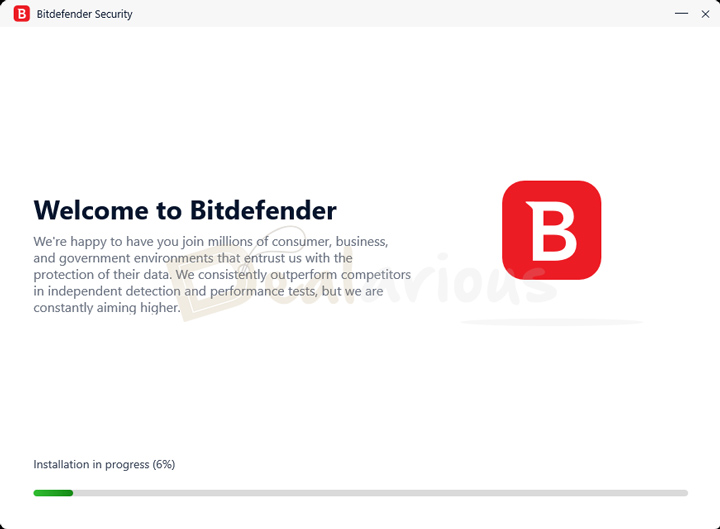 Bitdefender installation progress screen showing welcome message and setup at 6 percent.