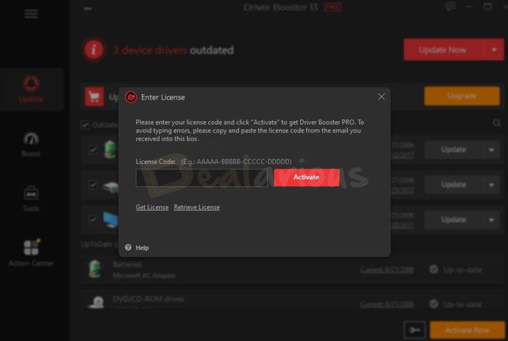 Diver Booster 13 Pro activation window with license key entry field.