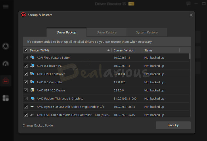 IObit Driver Booster Backup screen showing list of drivers available for backup