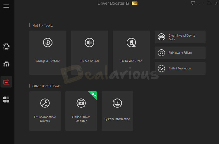 Driver Booster Pro Tools section showing options like Backup & Restore, Fix No Sound, Fix Incompatible Drivers and more.