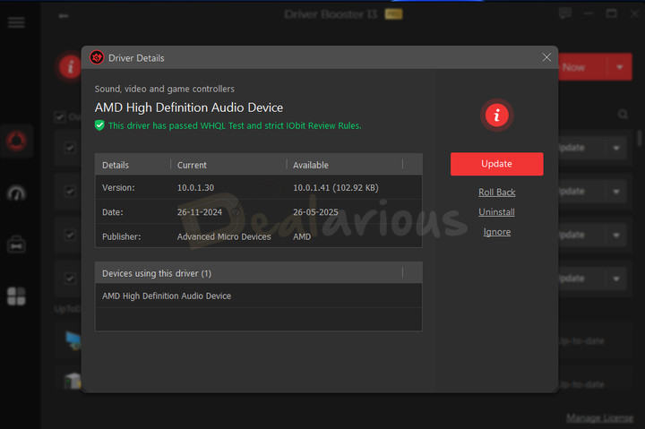 Driver Booster driver details window showing a driver that has passed WHQL testing