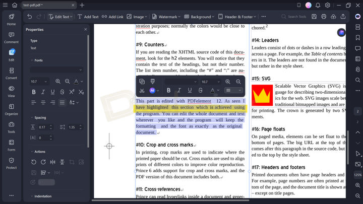 Editing PDFs in Wondershare PDFelement 12 PDFelement 12 editing screen with an open test PDF file and editing toolbar