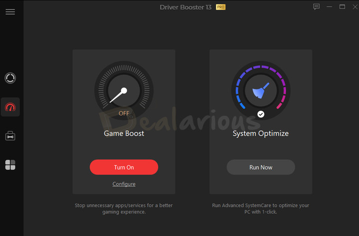 Game Boost section in Driver Booster showing Game Boost and system optimization options