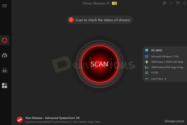 Main window of Driver Booster featuring Scan button, PC info and left side menu options