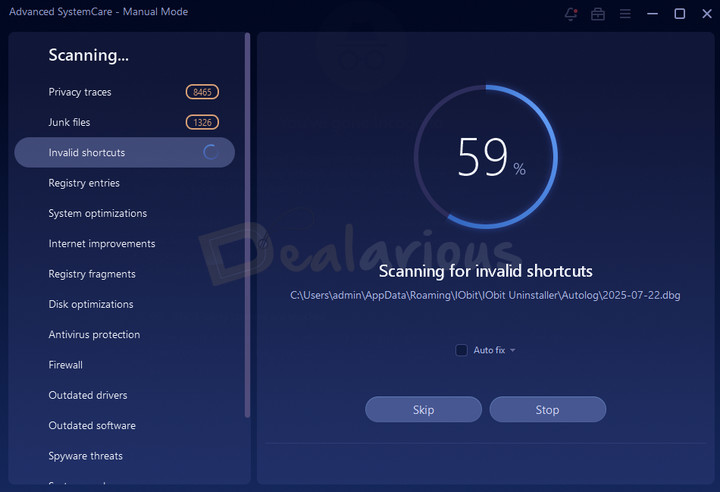 System optimization scan running with Advanced Systemcare launched from IObit Driver Booster