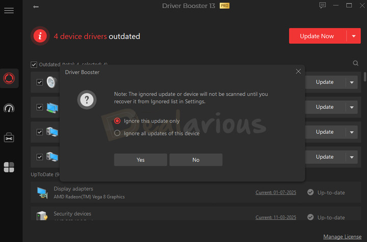 Driver Booster window with options to ignore a particular update or ignore all updates for the device