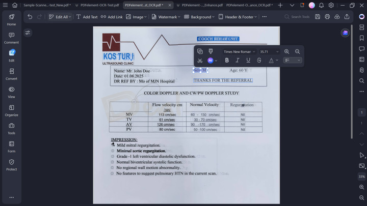 PDFelement OCR Test Phone Camera PDF Editing a scanned PDF file in Wondershare PDFelement 12 using OCR with a floating text edit toolbar