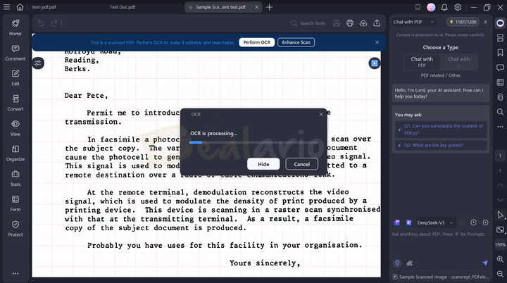 PDFelement OCR Test Scanned PDF PDFelement's OCR tool processing a scanned file, with options to hide or cancel the process.