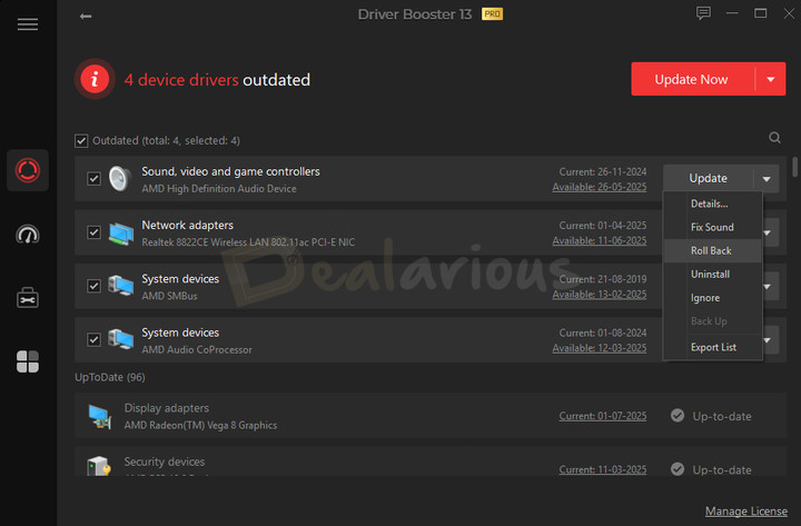 IObit driver rollback option to restore previous driver version