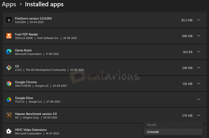 Windows 11 Installed Apps Settings page showing the option to uninstall programs manually