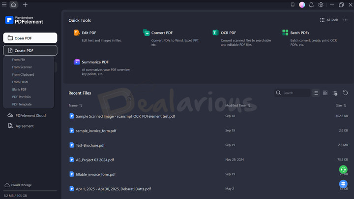 Wondershare PDFelement 12 Interface User interface of Wondershare PDFelement 12 showing Quick Tools, Recent Files and Left side menu options