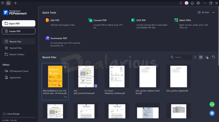 Wondershare PDFelement 12 Main Window Wondershare PDFelement 12 home screen with quick tools, sidebar menu, and recent PDF file thumbnails.